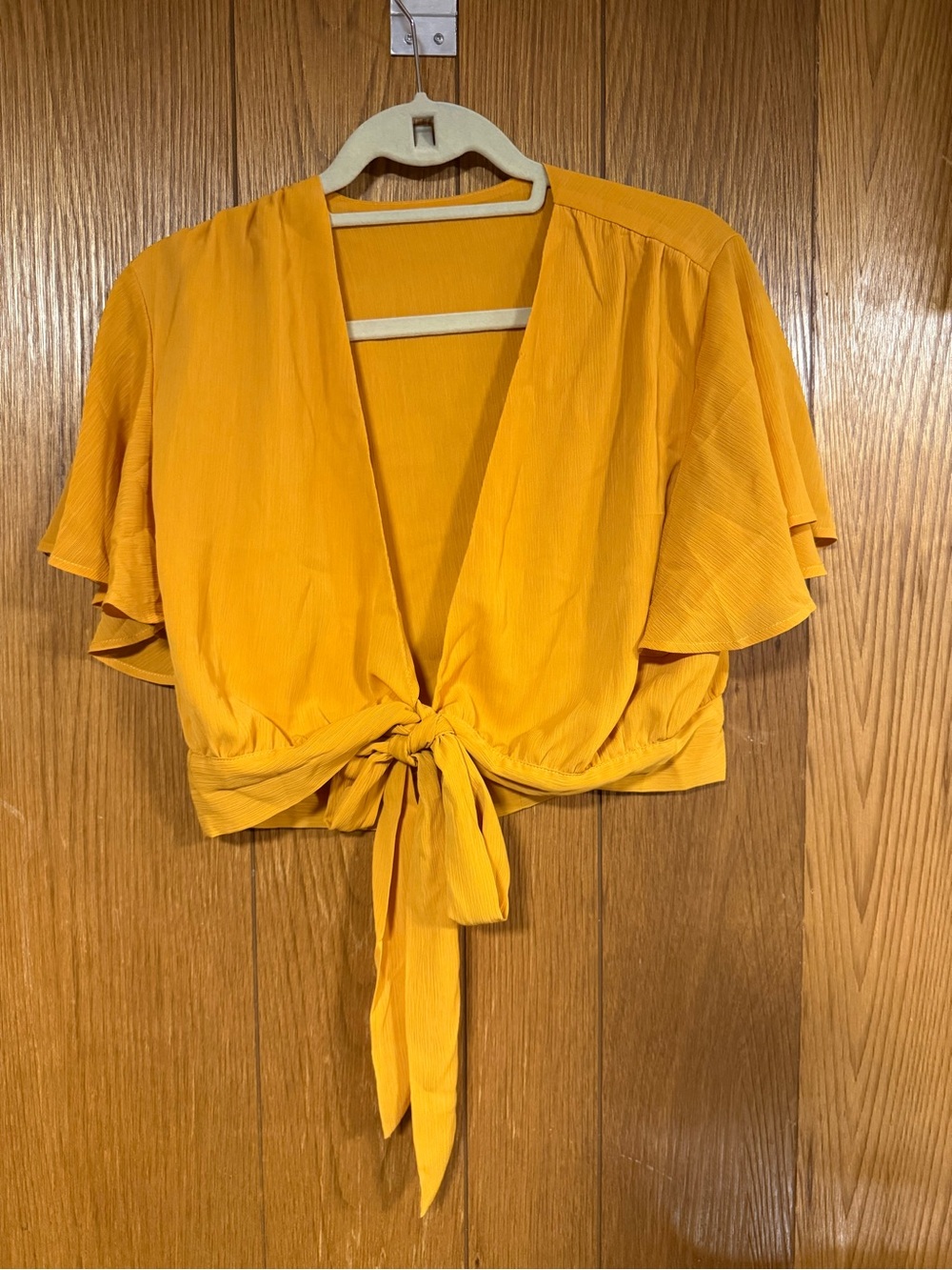 Front Tie Flutter Sleeve Crop Top - Golden Mustard